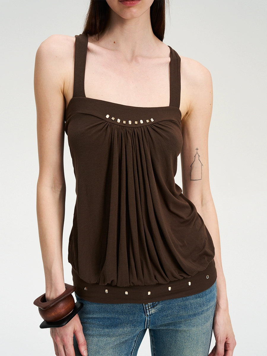 Brown Rhinestone Pleated Cross-Back Cami