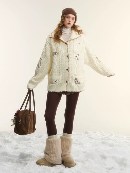 Dog Embroidered Cable Standneck Cardigan