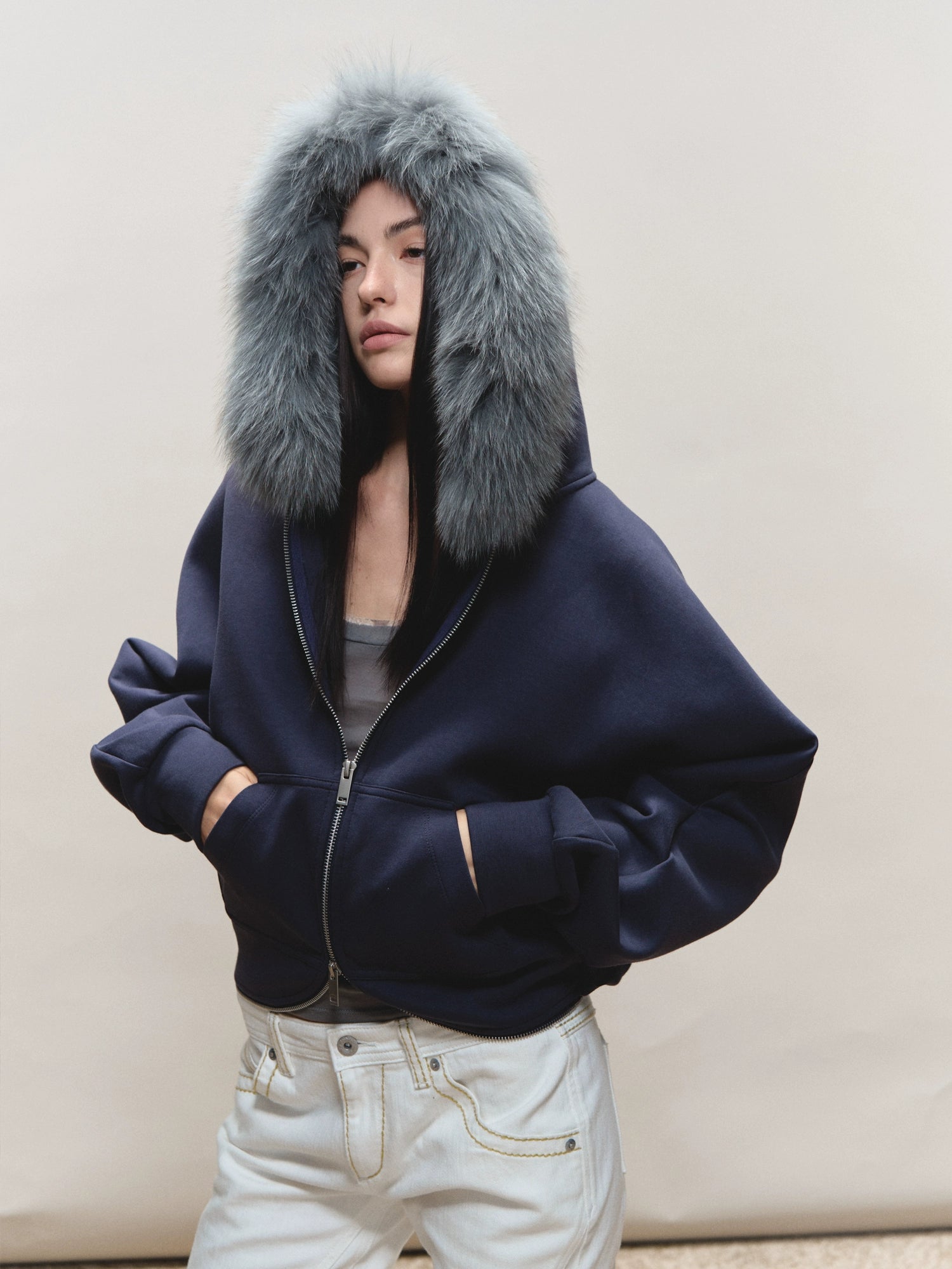 Batwing Hooded Fur-Collar Jacket