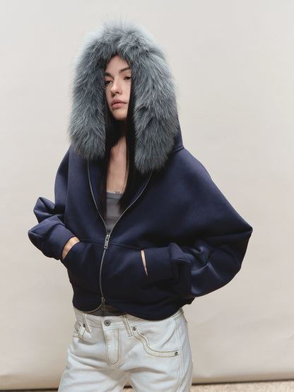 Batwing Hooded Fur-Collar Jacket