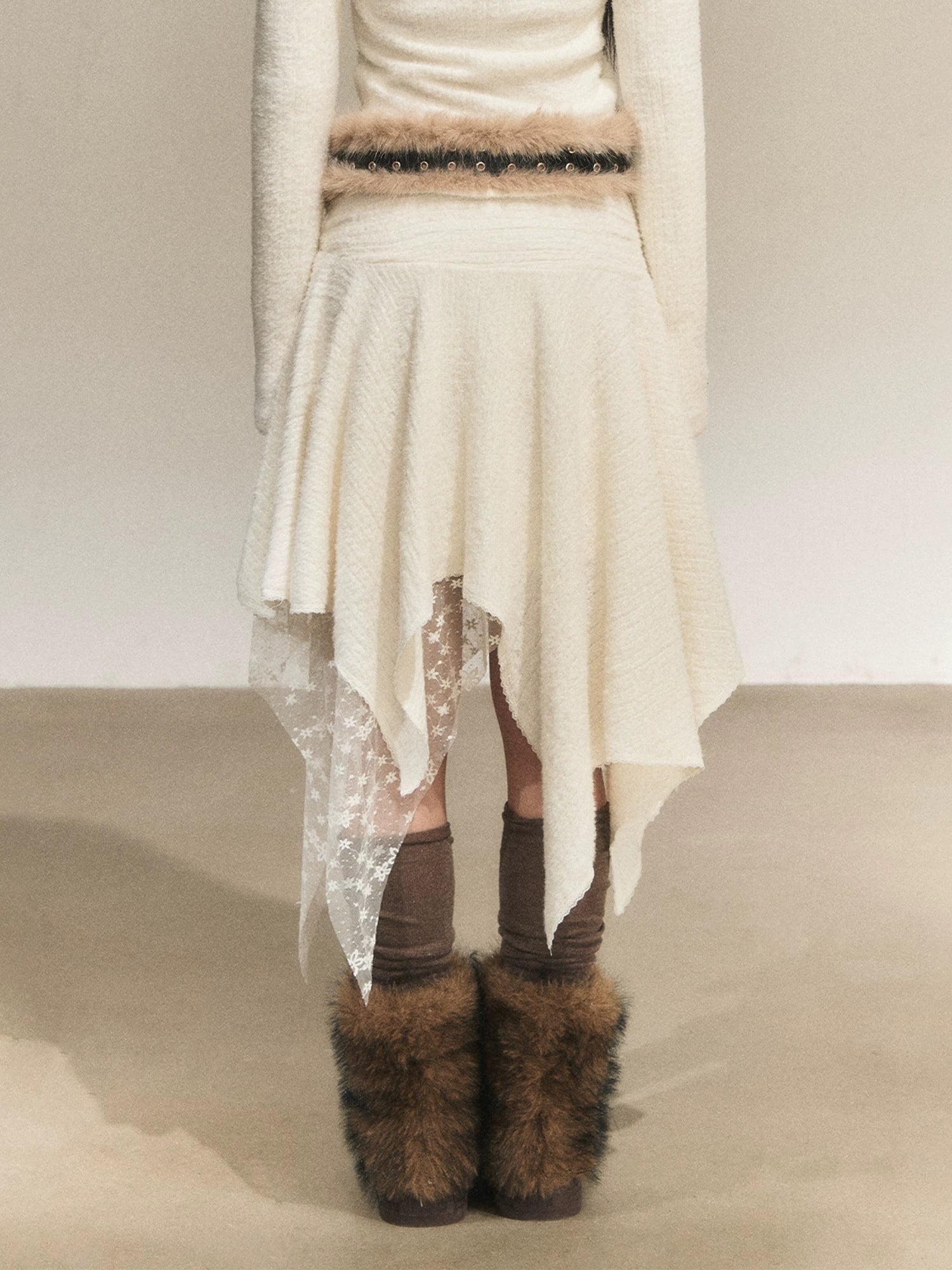Lace Panel Irregular A-Line Skirt