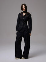 Raw Denim Wide-Shoulder Waist-Cinching Jacket Set