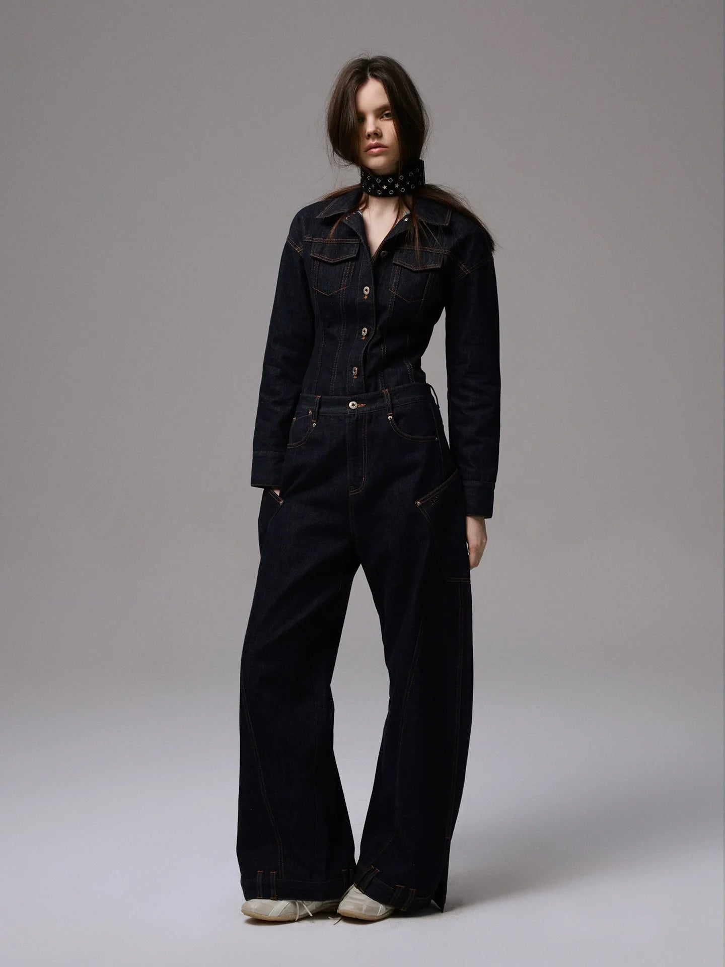Raw Denim Wide-Shoulder Waist-Cinching Jacket Set