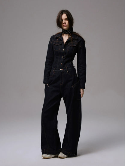 Raw Denim Wide-Shoulder Waist-Cinching Jacket Set