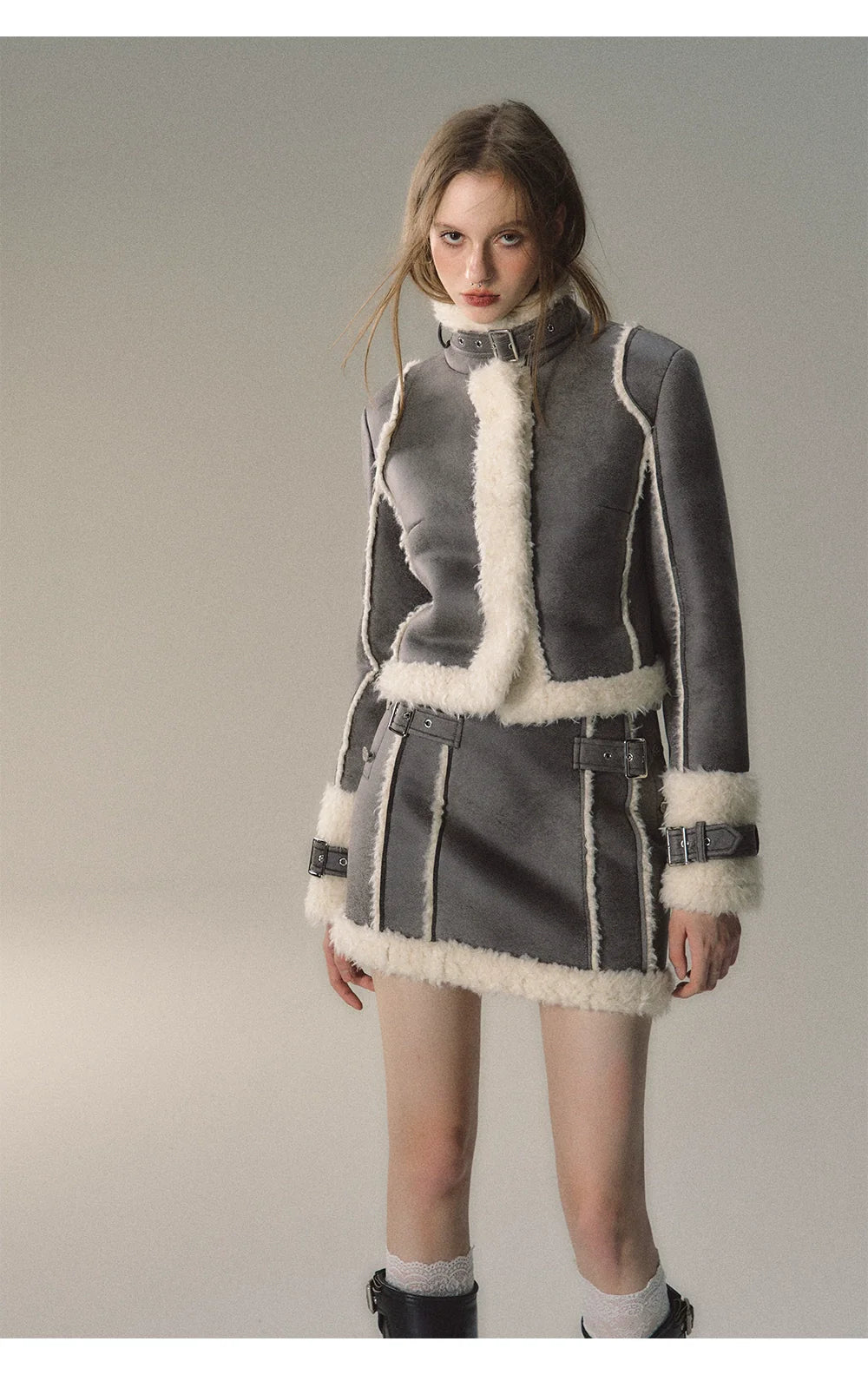 Grey Short Plush Shearling Jacket &amp; Skirt Set