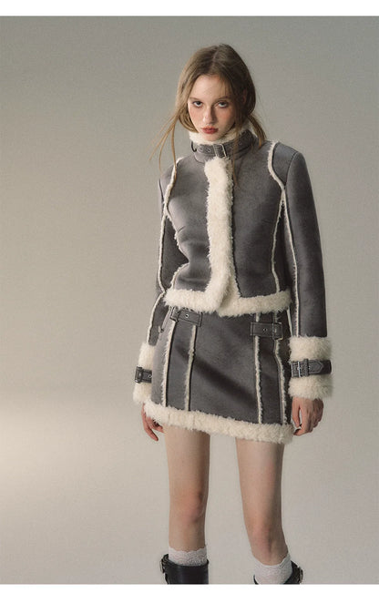 Grey Short Plush Shearling Jacket &amp; Skirt Set