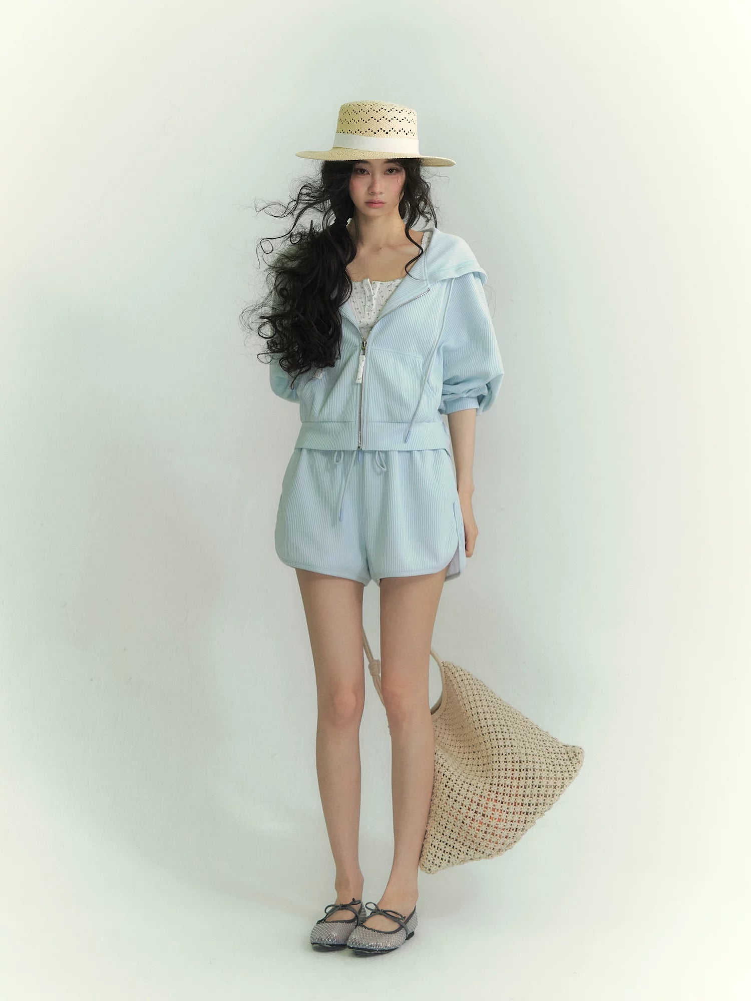 Waffle Hoodie Shorts Vest Set