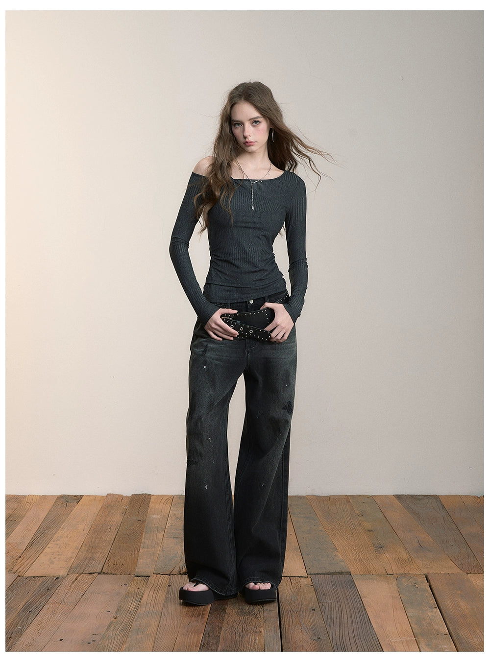 Distressed Wide-Leg Denim Pants