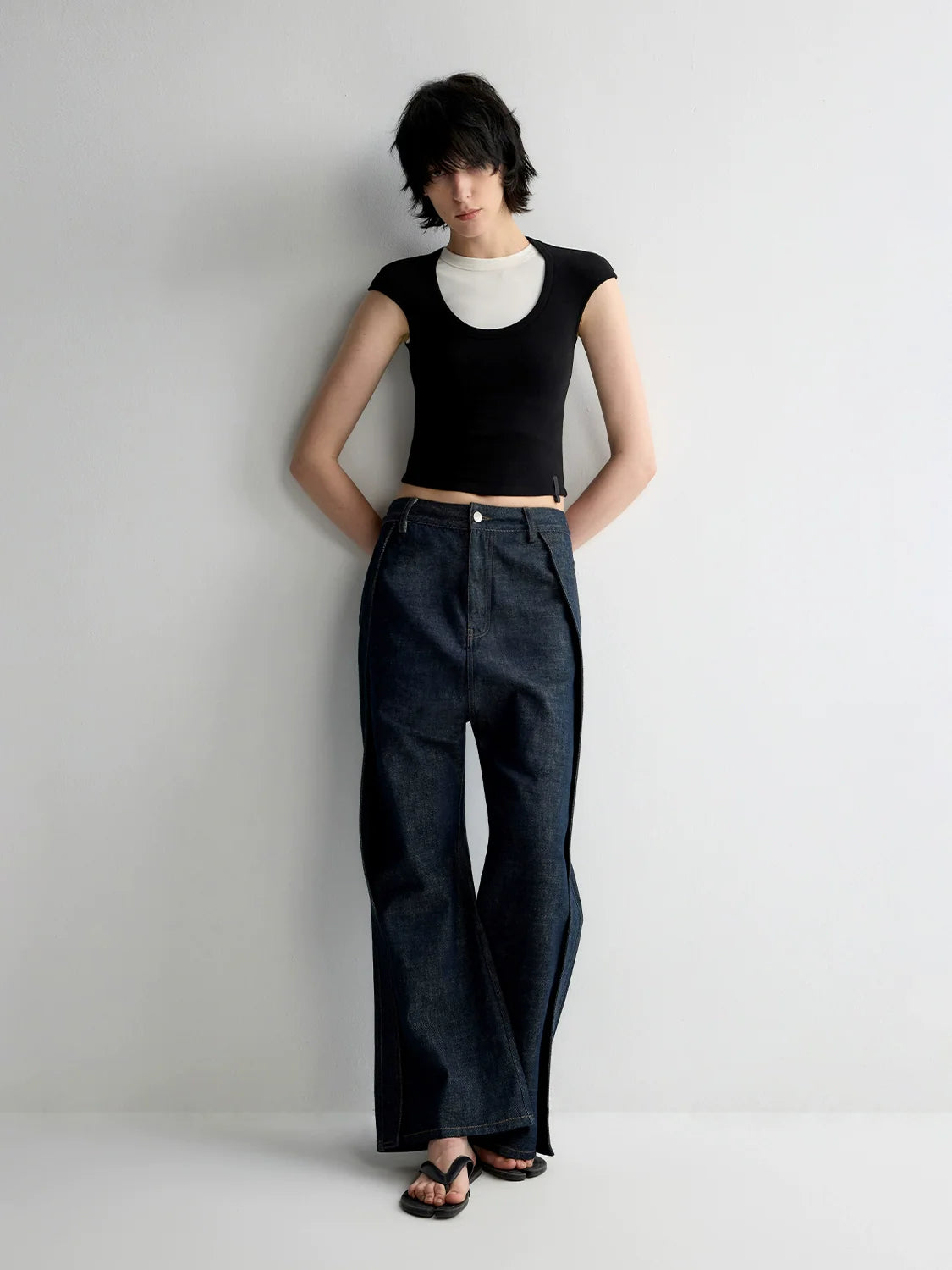 Structured Low Rise Drop-Crotch Flared Jeans
