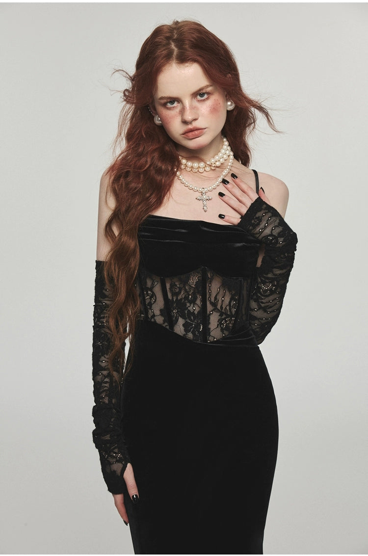 Fishbone Strap Long Velvet Bodycon Dress