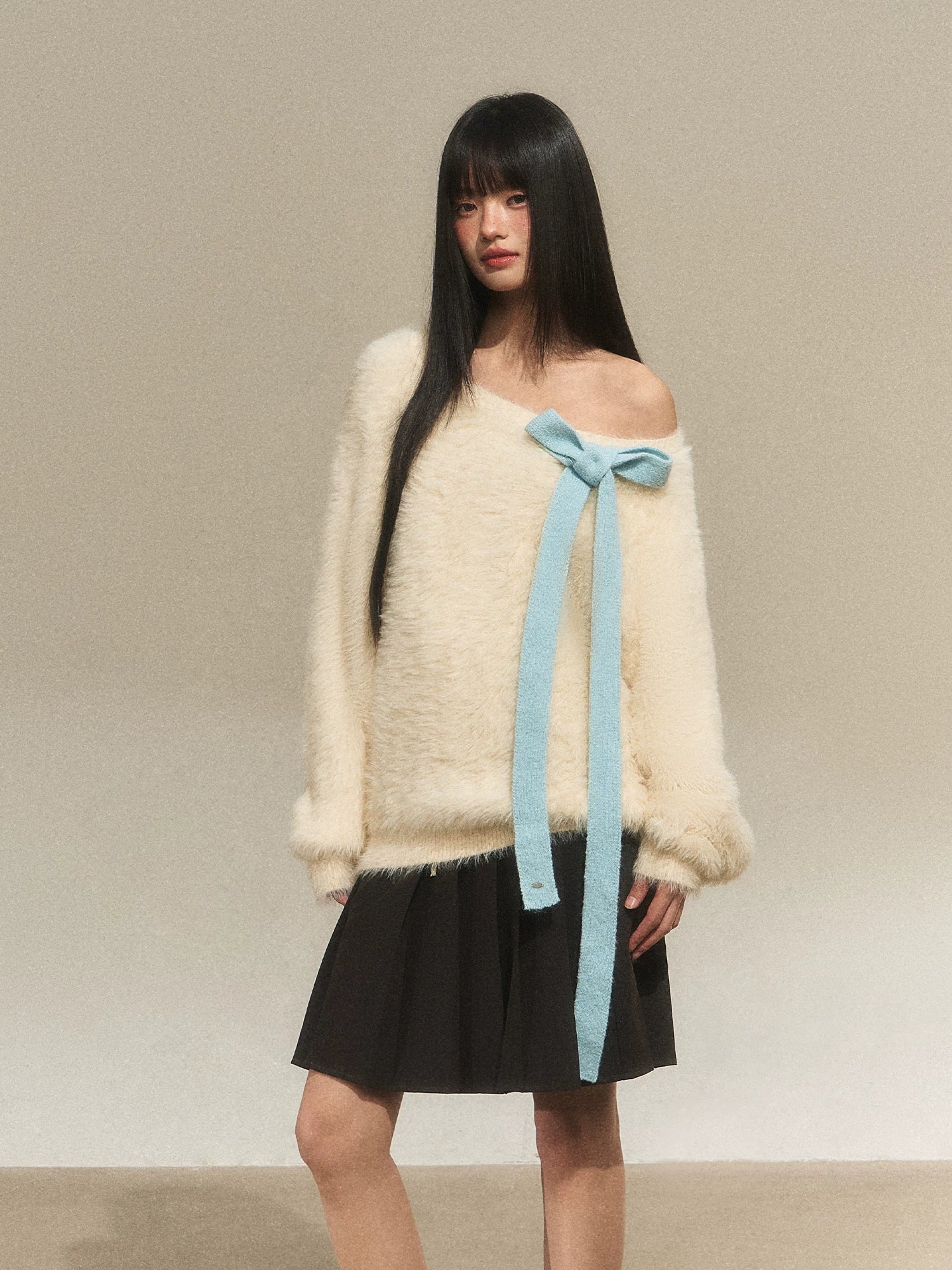 Bow Tie Off-Shoulder Knit Sweater
