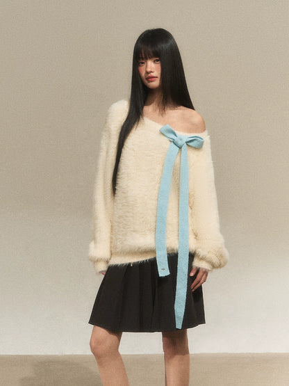 Bow Tie Off-Shoulder Knit Sweater