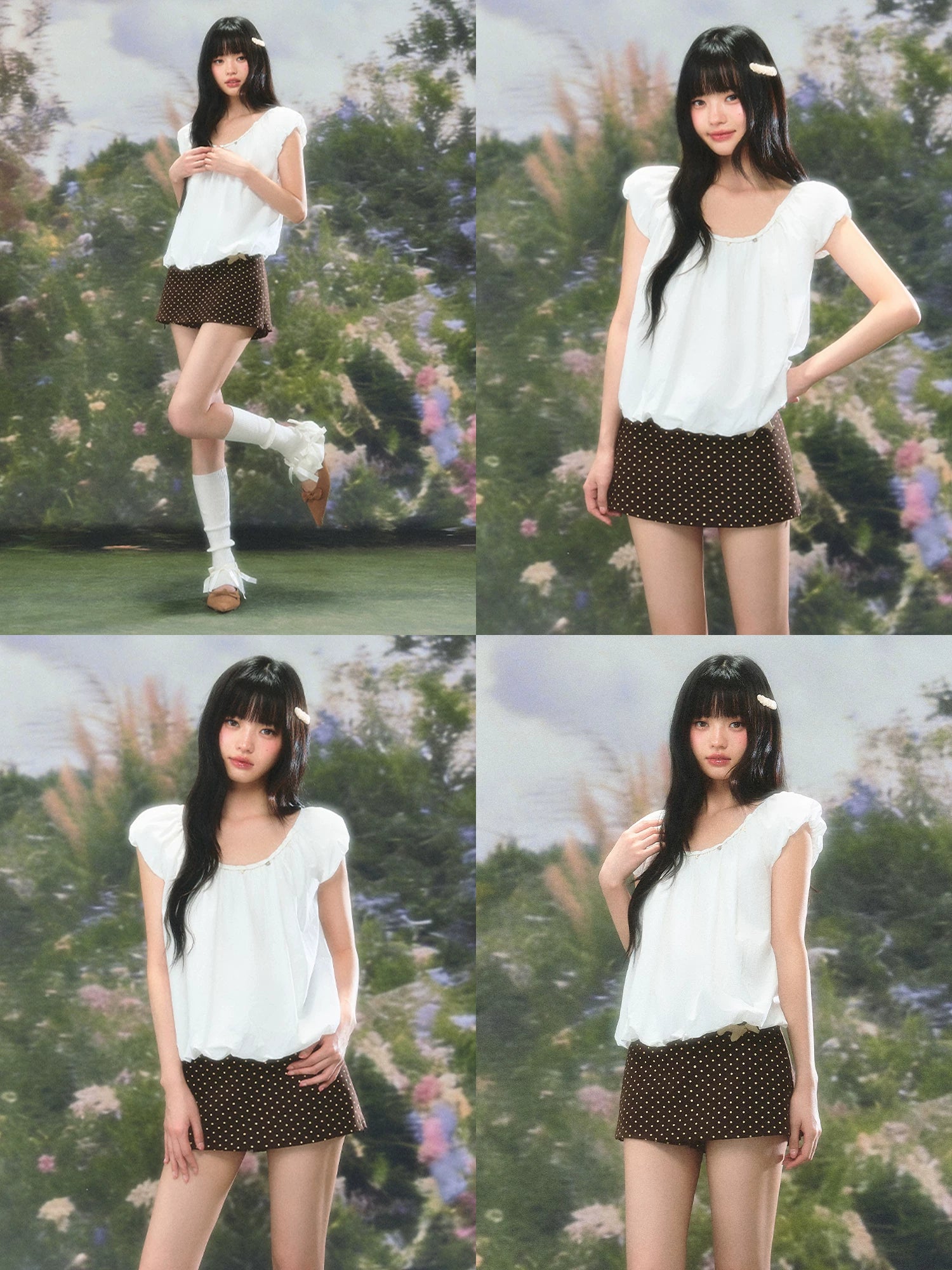 White Puff Sleeve U-neck Top