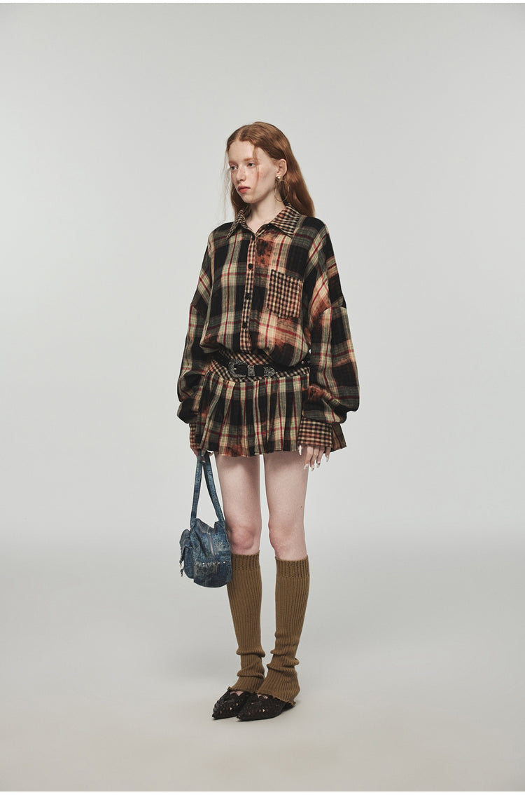 Tie-dye Plaid Shirt &amp; Mini Skirt Set