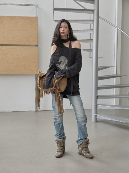 Rhinestone Graphic Off-Shoulder Tie Sweatshirt