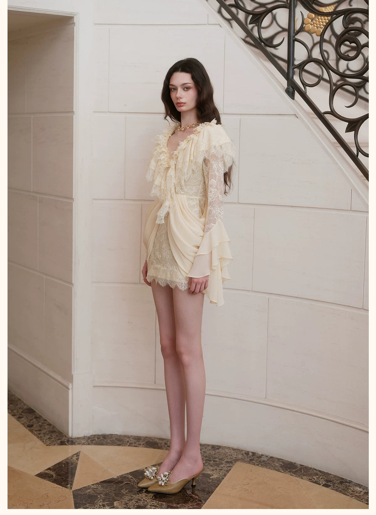 V-Neck Lace Pleated Dress