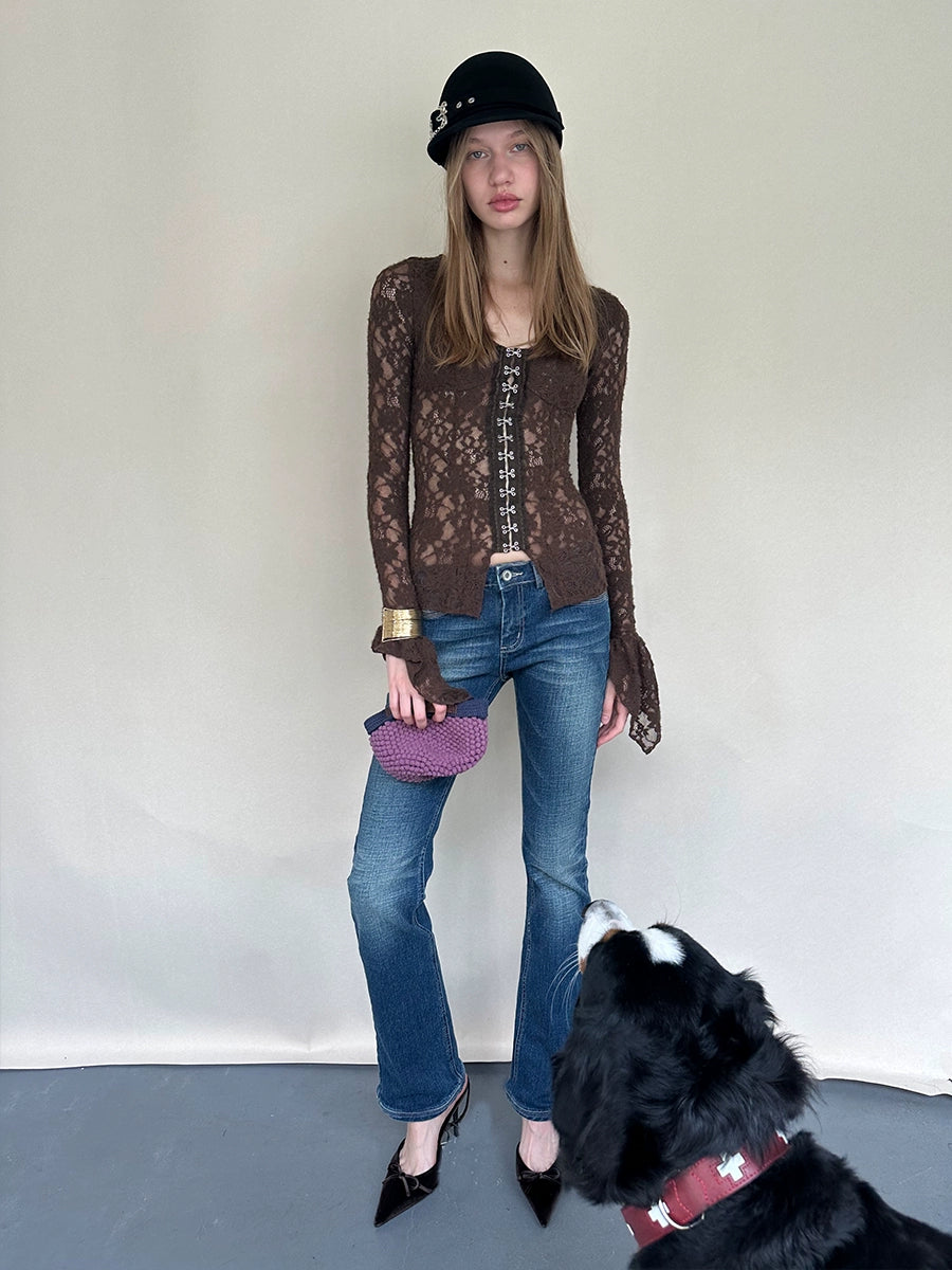 Lace Button Flare-Sleeve Top