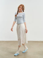 Envelope Neck Mid-sleeve Striped T-Shirt
