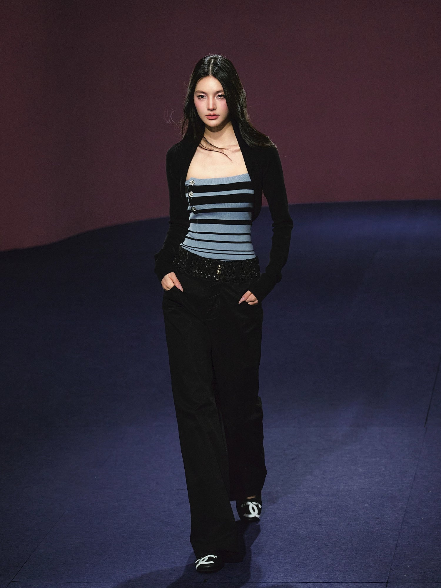 Striped Contrast Hand-Sewn Button Tube Top &amp; Shrug Set