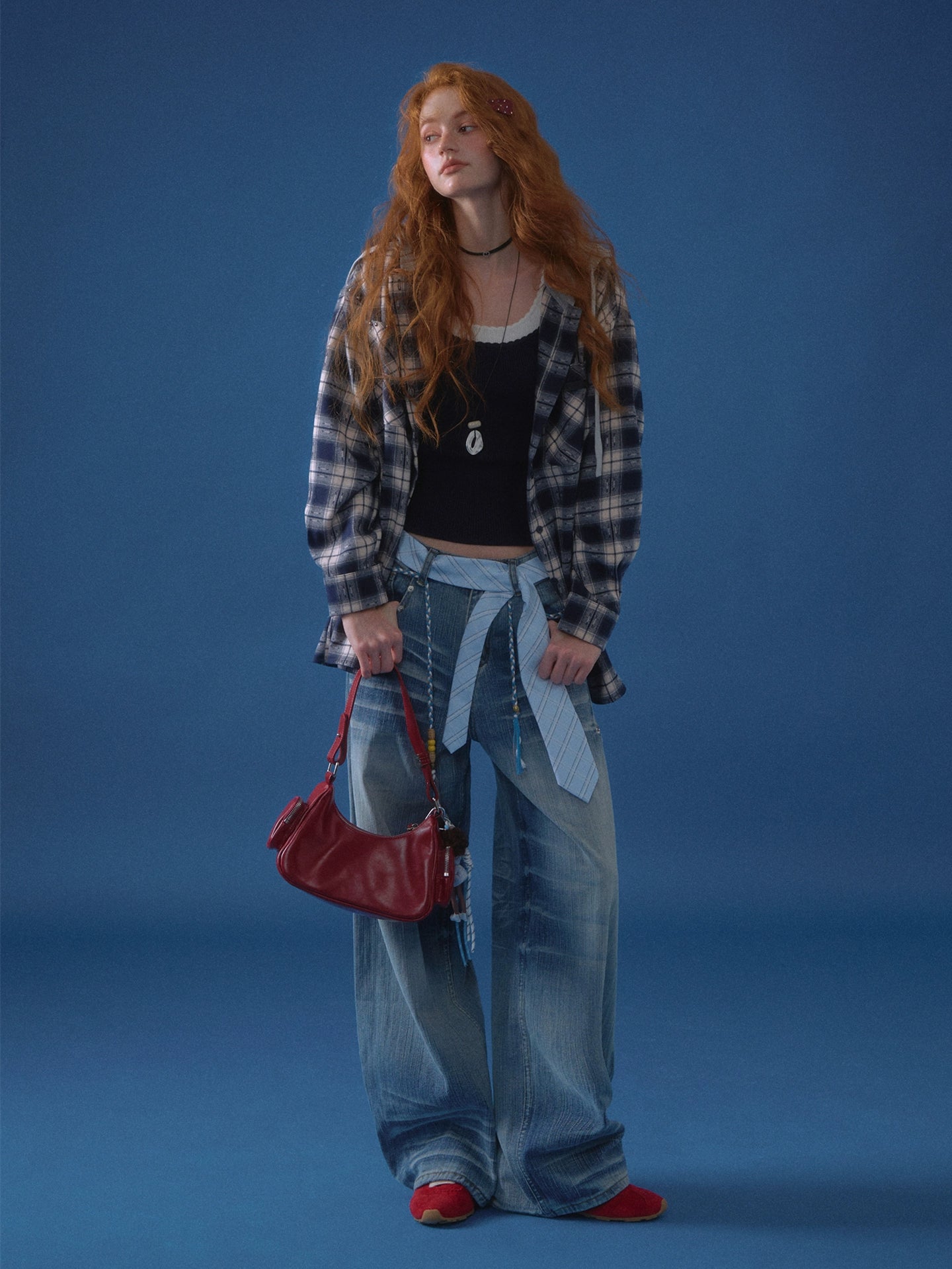 Vintage Plaid Studded Hooded Shirt