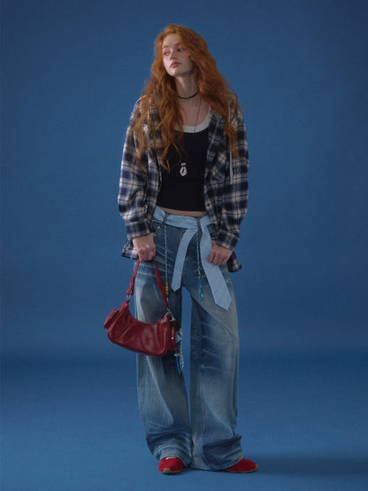 Vintage Plaid Studded Hooded Shirt