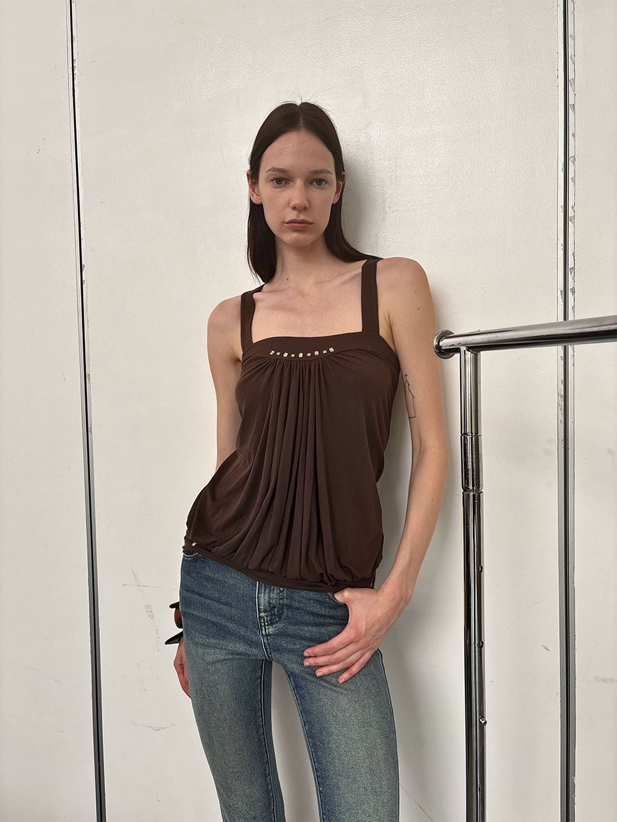 Brown Rhinestone Pleated Cross-Back Cami