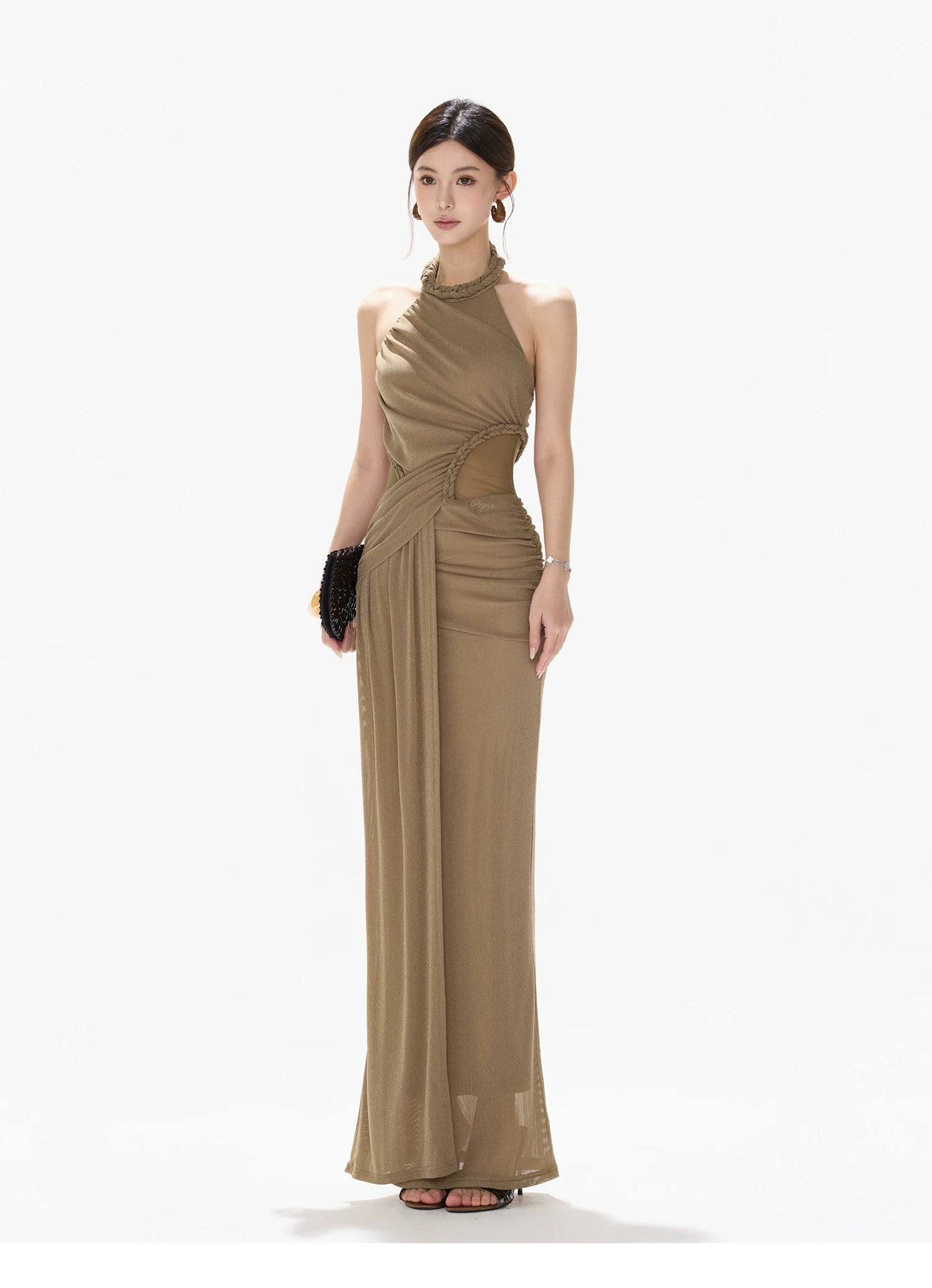Halter Ruched Mesh Dress