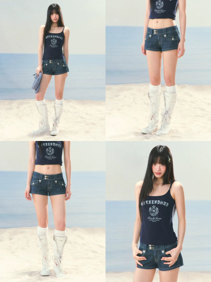 Striped Low-Waist Denim Shorts