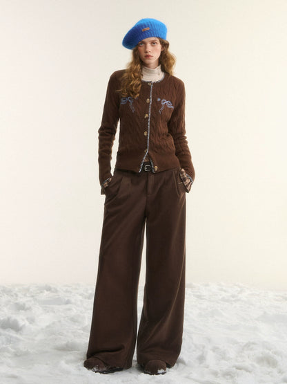 Brown Bow Embroidered Cable Knit Cardigan