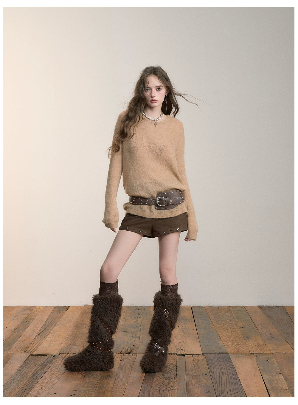 Brown Studded Faux Suede Shorts