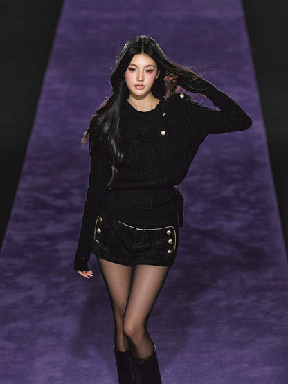 Black Corduroy Double-Breasted Shorts