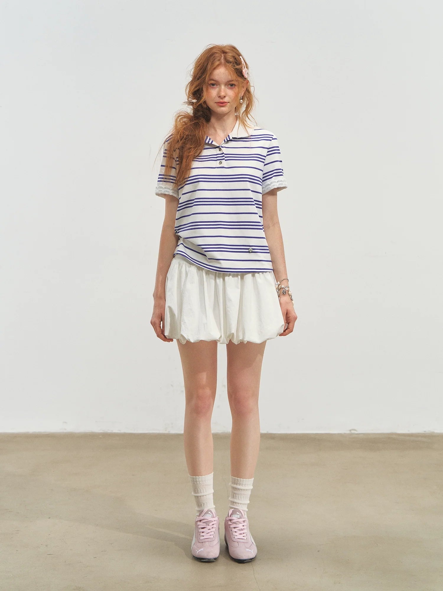 Striped Lace Short-Sleeve Polo Neck T-Shirt