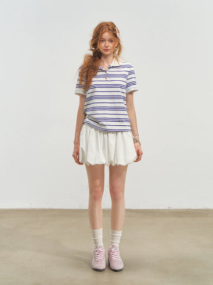 Striped Lace Short-Sleeve Polo Neck T-Shirt