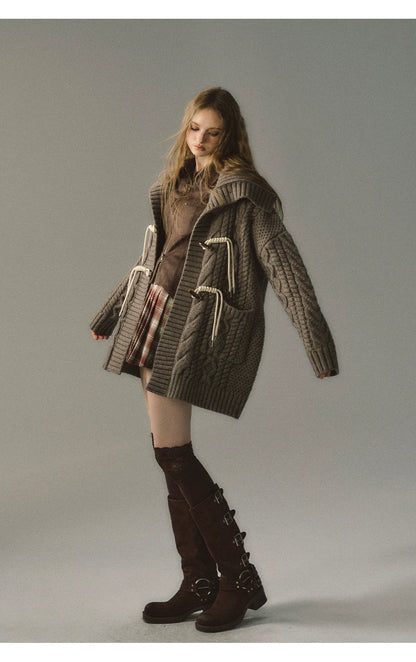 Khaki &amp; Black Horn Button Knit Cardigan