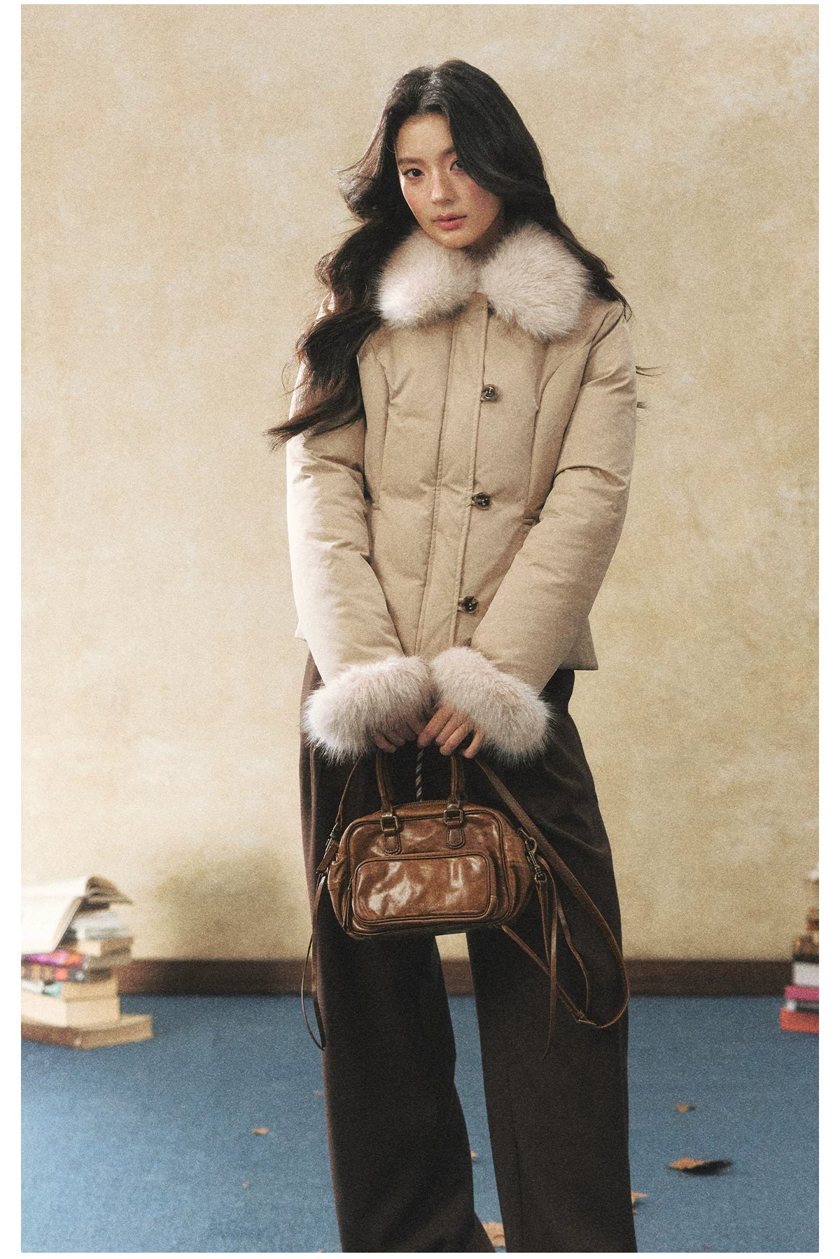 Khaki Faux Fur Collar Puffer Jacket