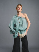 Turquoise One-Shoulder Chiffon Blouse