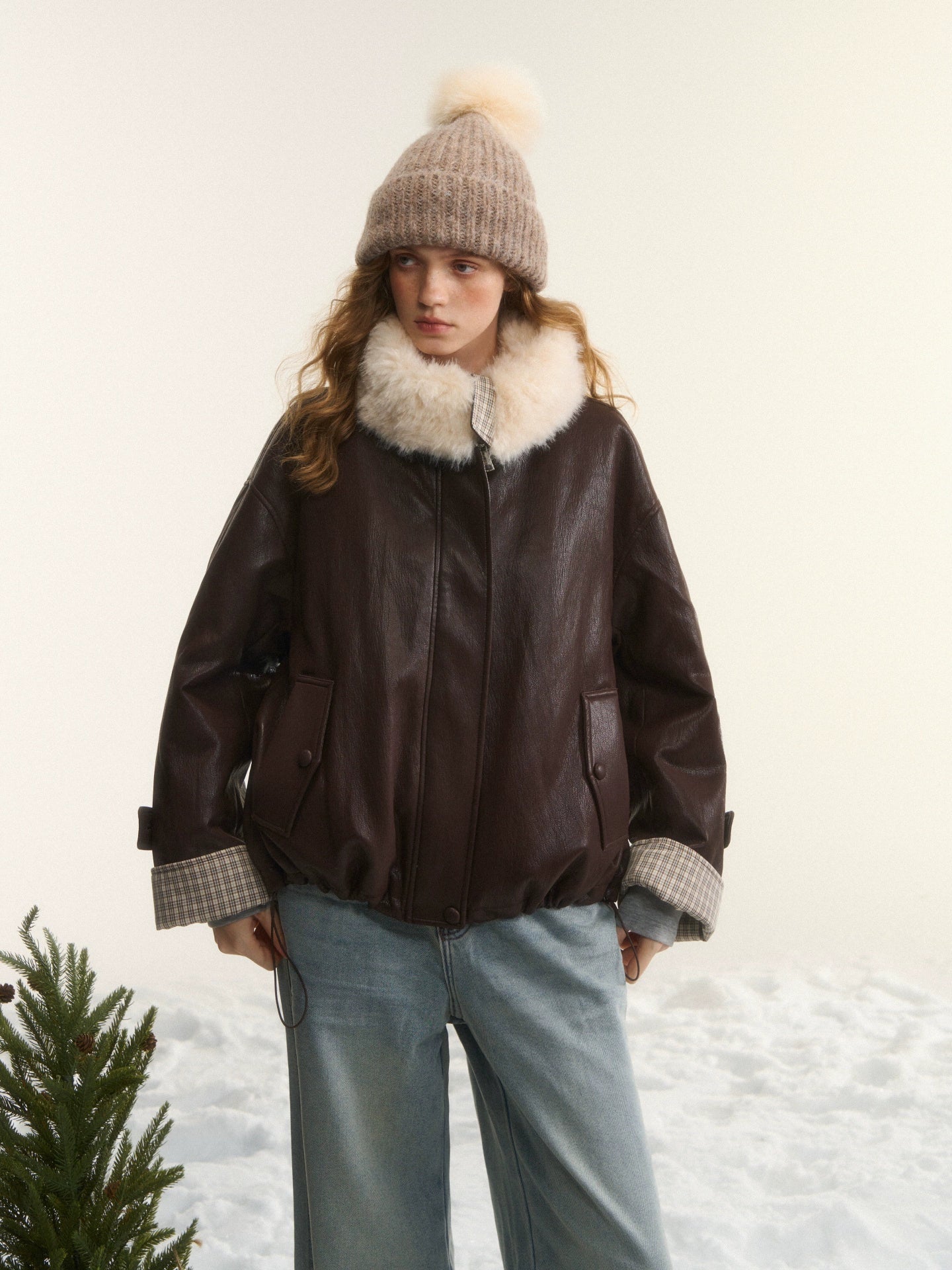 Plaid Faux Fur Collar Down Jacket