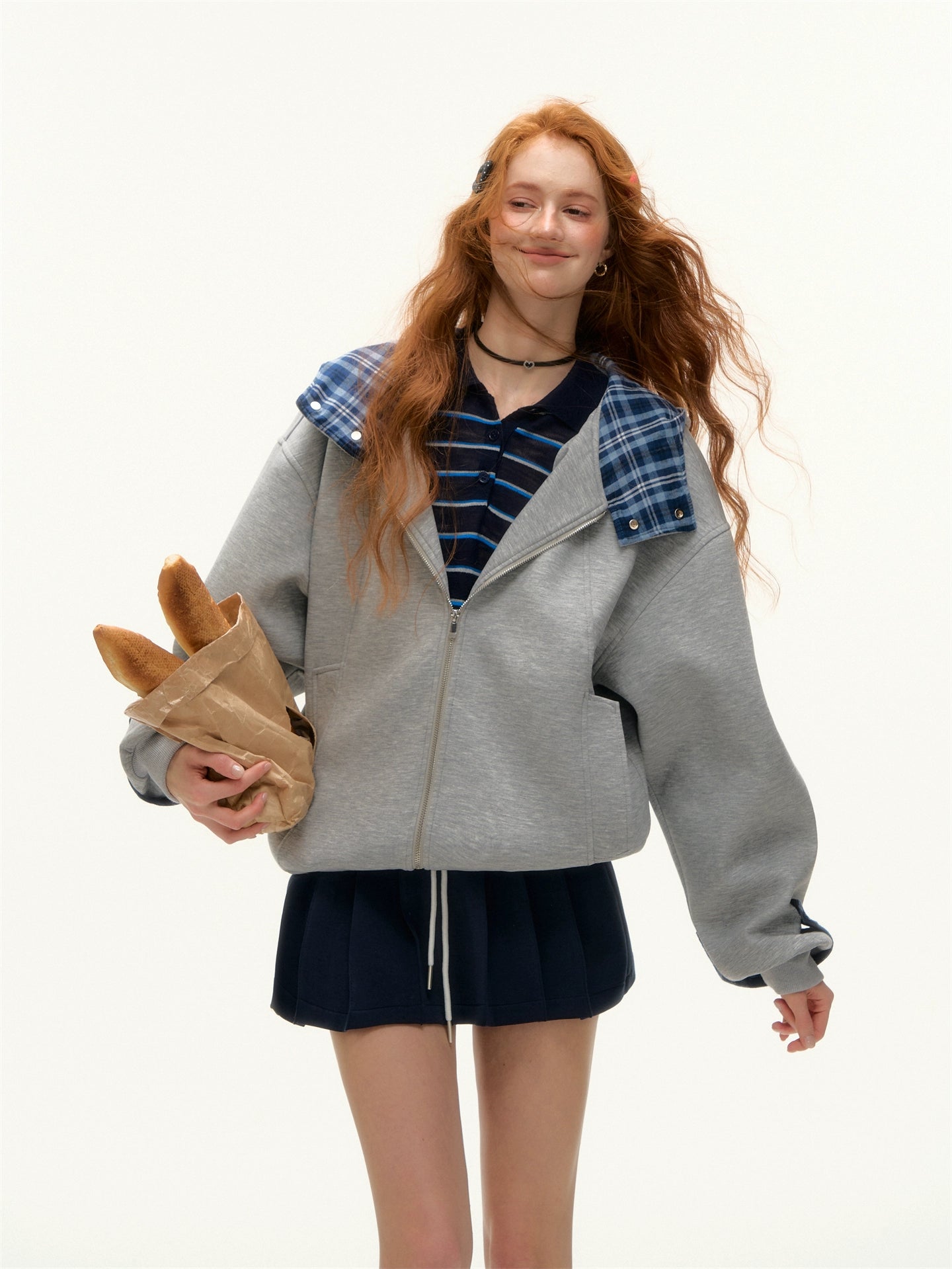 Plaid Patchwork Hoodie Cardigan