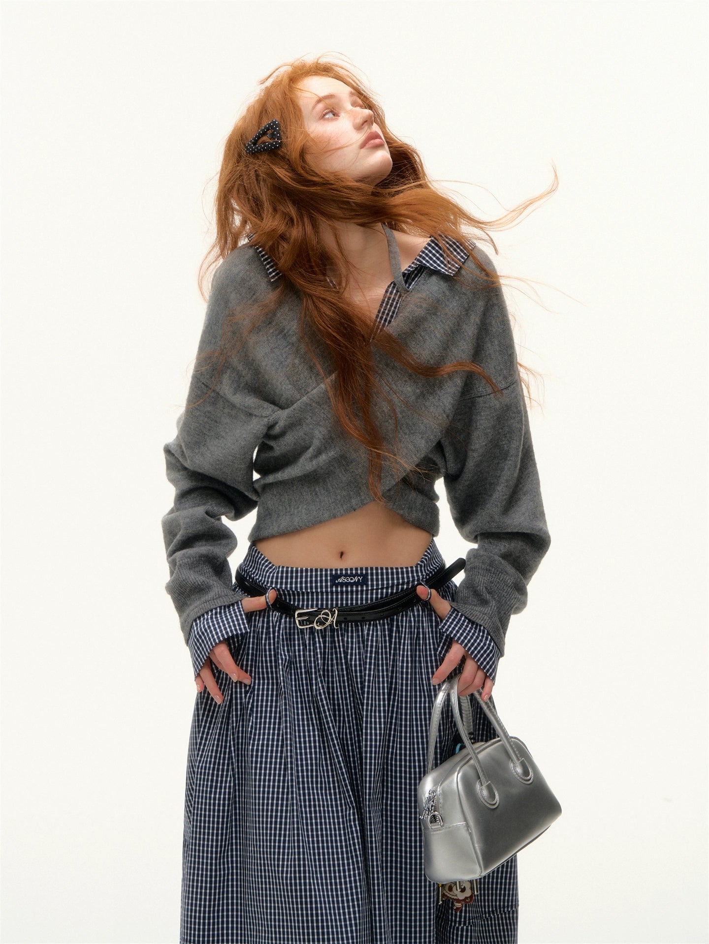 Off-Shoulder Plaid Panel Cross Sweater