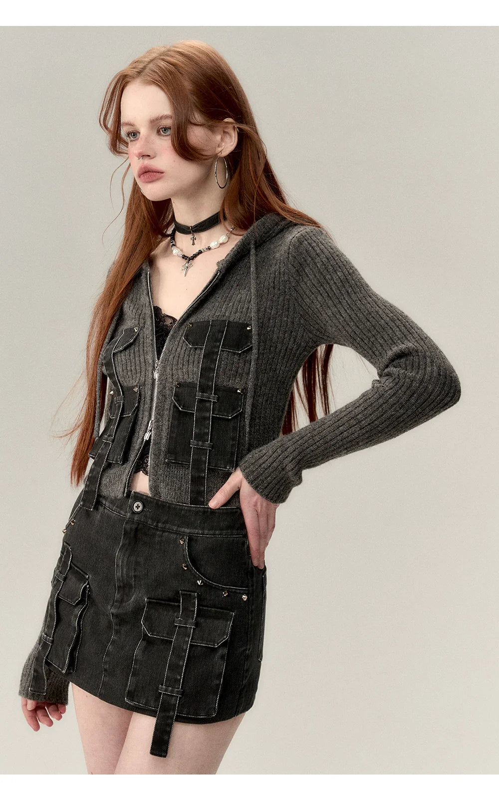 Coffee &amp; Gray Patchwork Drawstring Cardigan