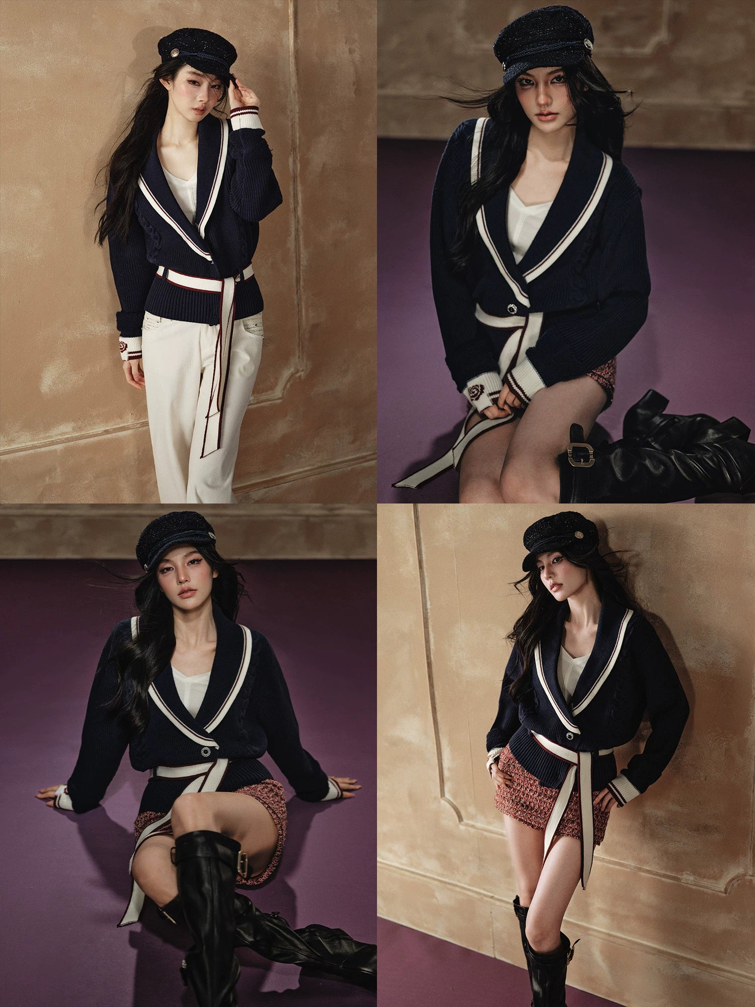 Color-Block Collared Tie-Waist Sweater