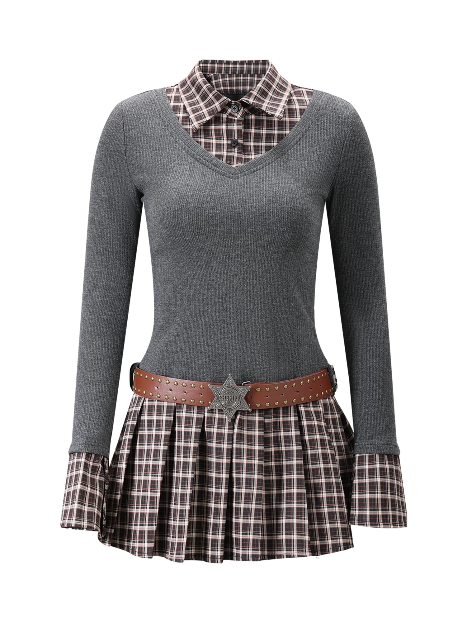 Gray Plaid Knit Midi Dress