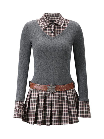 Gray Plaid Knit Midi Dress