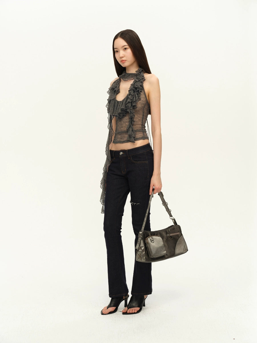 Two-Tone Lace Trim Halter Blouse
