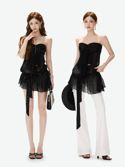 Sequin Ruched Mesh Top