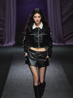 Contrast Trim Quilted Leather Jacket & Skirt Set