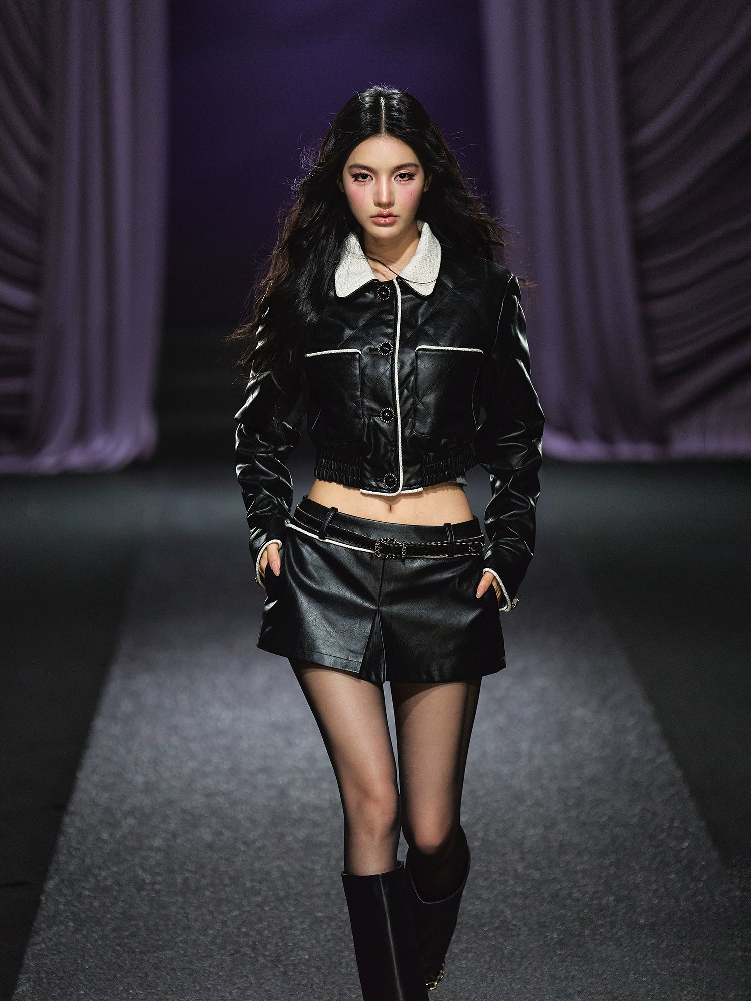 Contrast Trim Quilted Leather Jacket &amp; Skirt Set