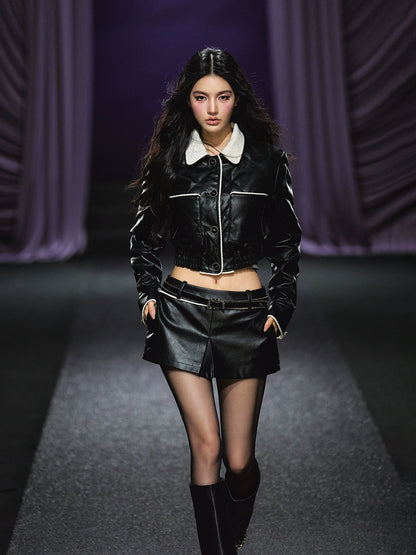 Contrast Trim Quilted Leather Jacket &amp; Skirt Set