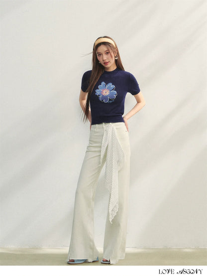 Floral Embroidered Crew Neck Short-Sleeve Knit Top