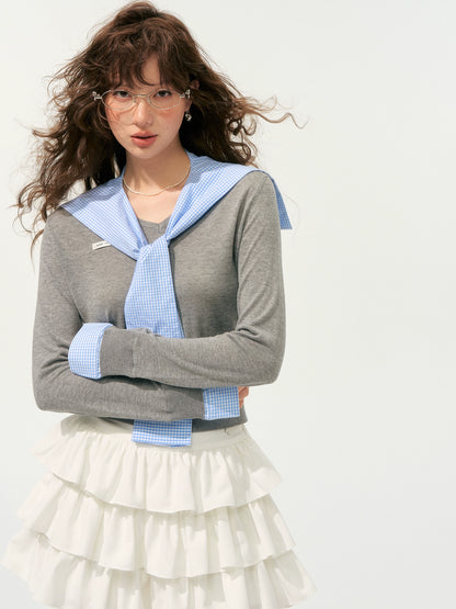 Fake Two-Piece Twist-Knot Spliced V-Neck Knit Top